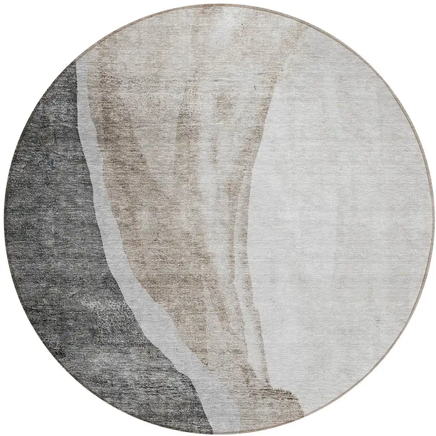 8' Charcoal Gray And Taupe Round Abstract Washable Indoor Outdoor Area Rug Photo 6