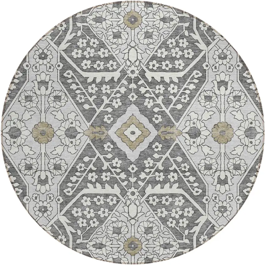 8' Charcoal Gray And Taupe Round Floral Washable Indoor Outdoor Area Rug Photo 2