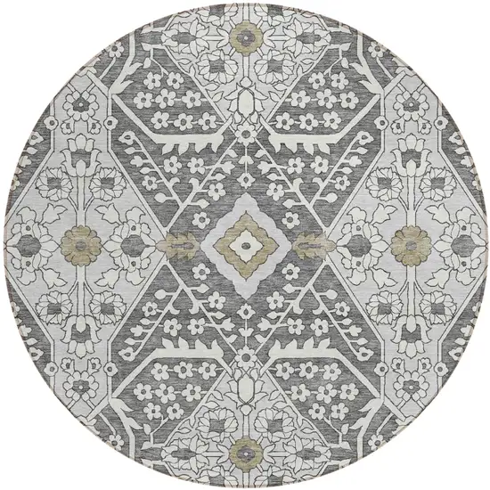8' Charcoal Gray And Taupe Round Floral Washable Indoor Outdoor Area Rug Photo 2