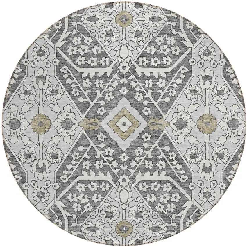 8' Charcoal Gray And Taupe Round Floral Washable Indoor Outdoor Area Rug Photo 2