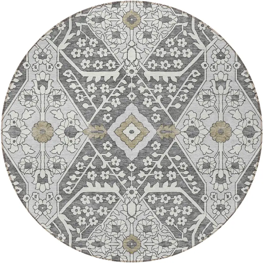 8' Charcoal Gray And Taupe Round Floral Washable Indoor Outdoor Area Rug Photo 6