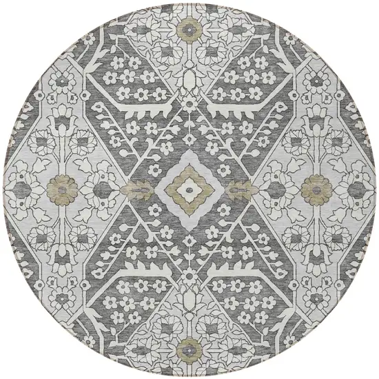 8' Charcoal Gray And Taupe Round Floral Washable Indoor Outdoor Area Rug Photo 6