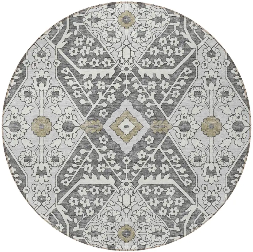 8' Charcoal Gray And Taupe Round Floral Washable Indoor Outdoor Area Rug Photo 6