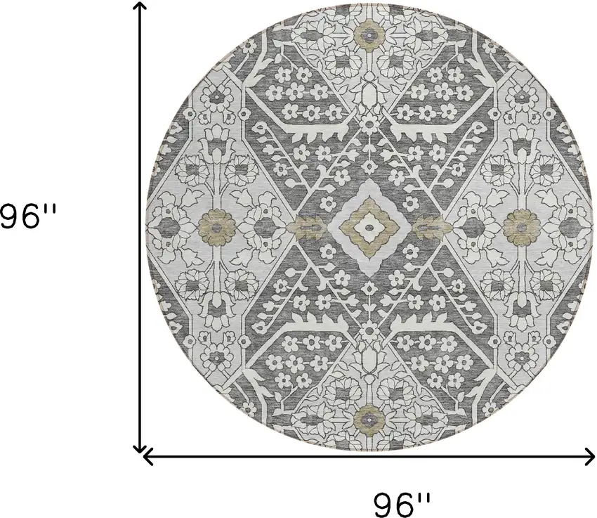8' Charcoal Gray And Taupe Round Floral Washable Indoor Outdoor Area Rug Photo 3