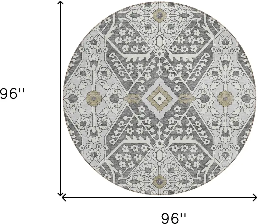 8' Charcoal Gray And Taupe Round Floral Washable Indoor Outdoor Area Rug Photo 3