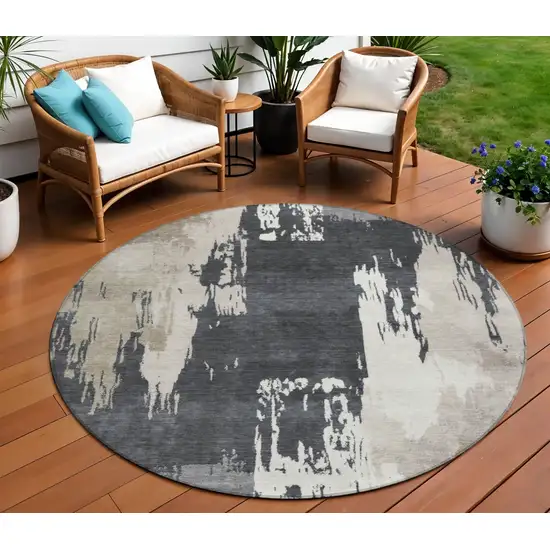8' Charcoal Ivory And Beige Round Abstract Washable Indoor Outdoor Area Rug Photo 1