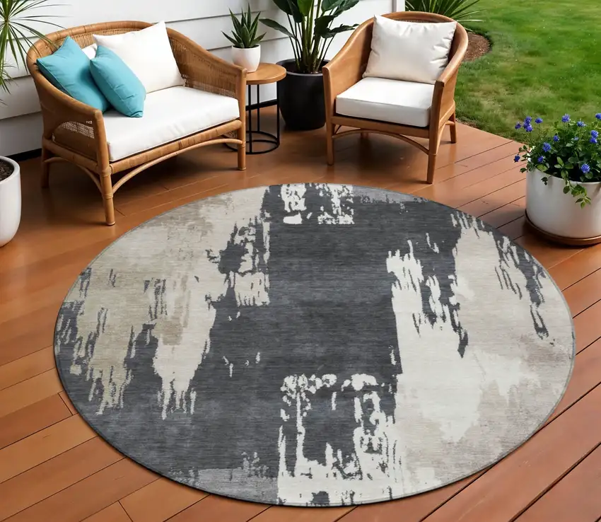 8' Charcoal Ivory And Beige Round Abstract Washable Indoor Outdoor Area Rug Photo 1