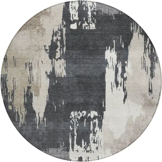 8' Charcoal Ivory And Beige Round Abstract Washable Indoor Outdoor Area Rug Photo 2