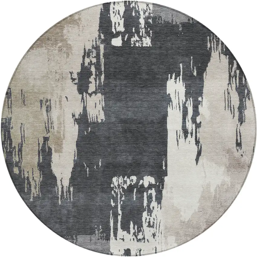 8' Charcoal Ivory And Beige Round Abstract Washable Indoor Outdoor Area Rug Photo 2