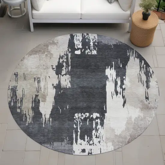 8' Charcoal Ivory And Beige Round Abstract Washable Indoor Outdoor Area Rug Photo 8