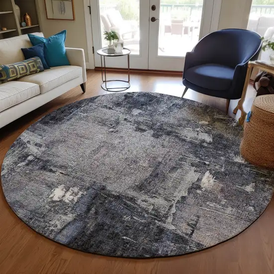 8' Charcoal Ivory And Blue Round Abstract Washable Indoor Outdoor Area Rug Photo 7