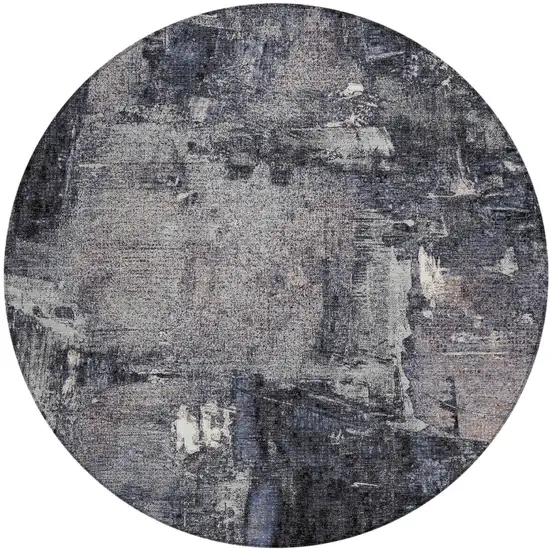 8' Charcoal Ivory And Blue Round Abstract Washable Indoor Outdoor Area Rug Photo 2