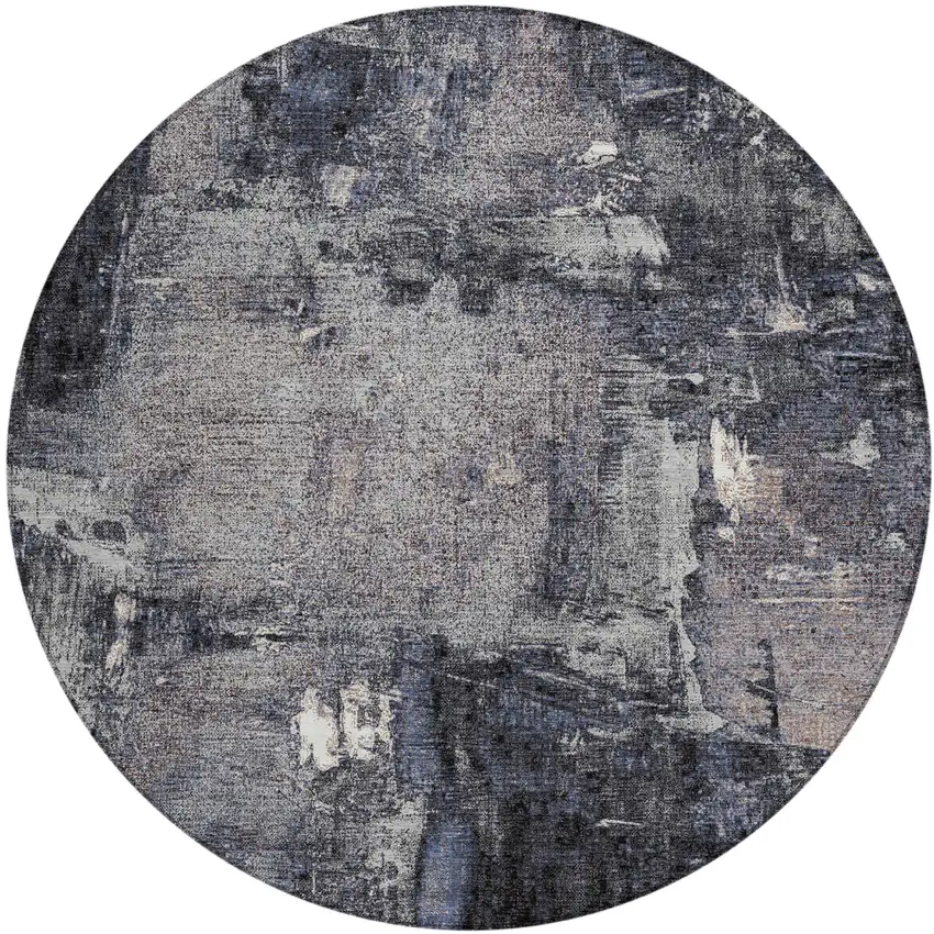8' Charcoal Ivory And Blue Round Abstract Washable Indoor Outdoor Area Rug Photo 2