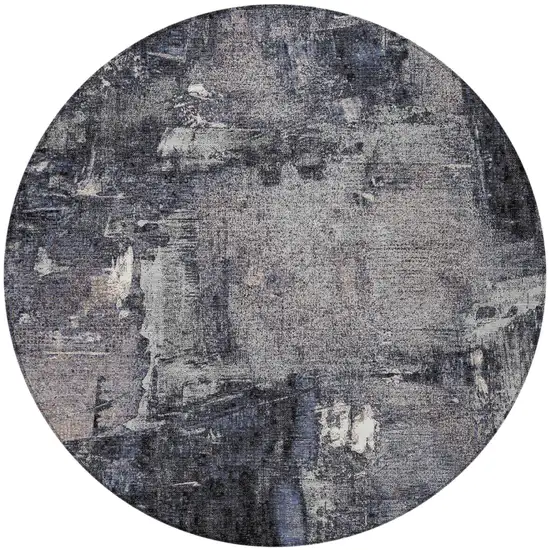 8' Charcoal Ivory And Blue Round Abstract Washable Indoor Outdoor Area Rug Photo 5