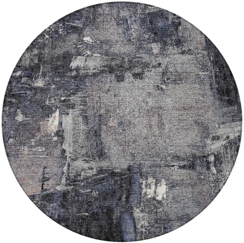 8' Charcoal Ivory And Blue Round Abstract Washable Indoor Outdoor Area Rug Photo 5