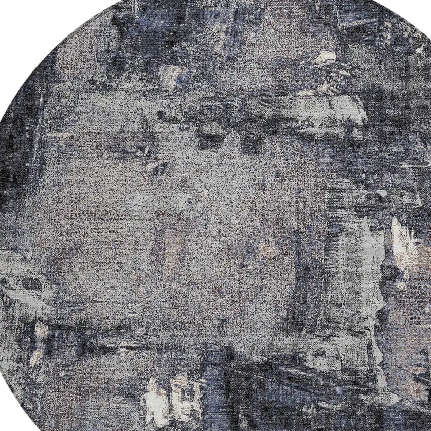 8' Charcoal Ivory And Blue Round Abstract Washable Indoor Outdoor Area Rug Photo 4