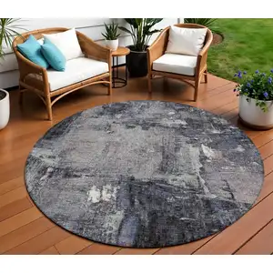 Photo of 8' Charcoal Ivory And Blue Round Abstract Washable Indoor Outdoor Area Rug