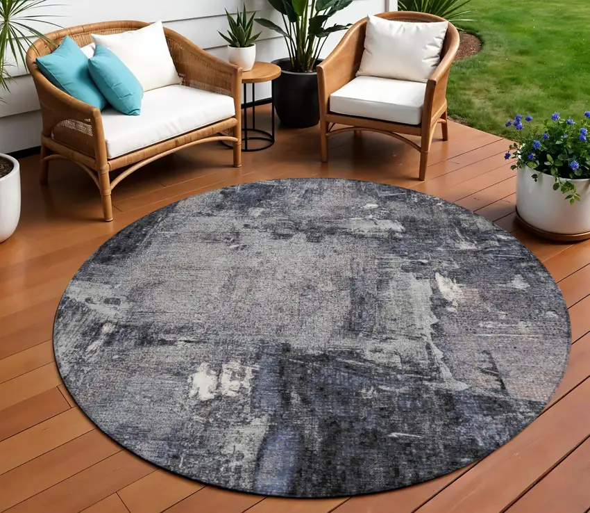 8' Charcoal Ivory And Blue Round Abstract Washable Indoor Outdoor Area Rug Photo 1