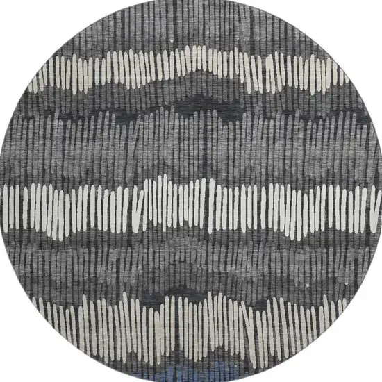 8' Charcoal Ivory And Blue Striped Washable Round Rug With UV Protection Photo 4