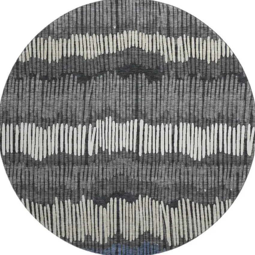 8' Charcoal Ivory And Blue Striped Washable Round Rug With UV Protection Photo 4