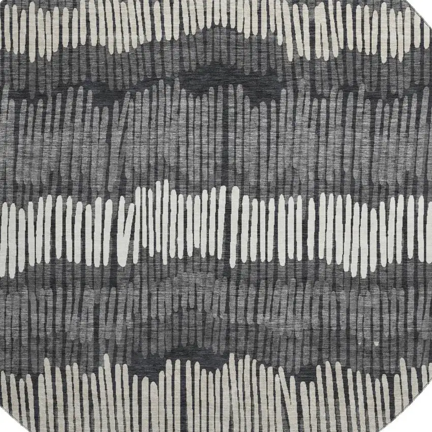 8' Charcoal Ivory And Blue Striped Washable Round Rug With UV Protection Photo 3