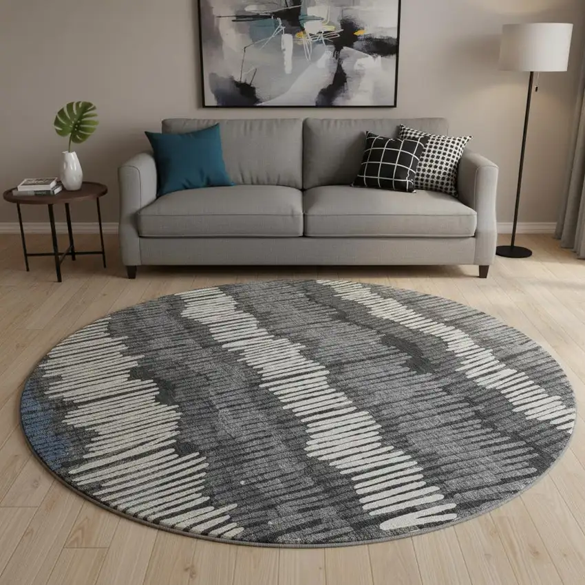 8' Charcoal Ivory And Blue Striped Washable Round Rug With UV Protection Photo 2
