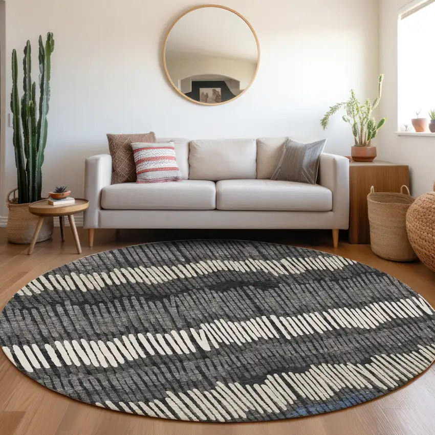 8' Charcoal Ivory And Blue Striped Washable Round Rug With UV Protection Photo 5