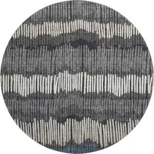 Photo of 8' Charcoal Ivory And Blue Striped Washable Round Rug With UV Protection