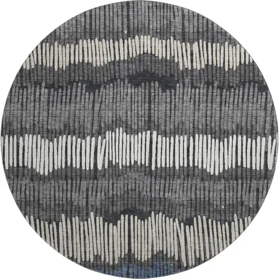 8' Charcoal Ivory And Blue Striped Washable Round Rug With UV Protection Photo 1