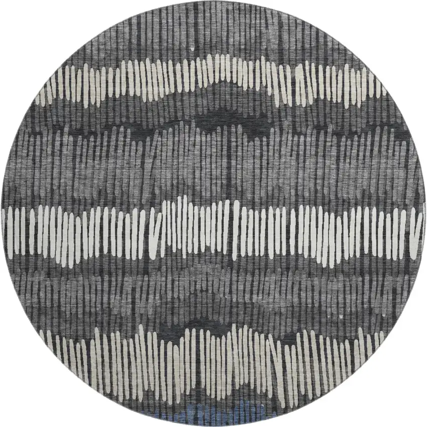 8' Charcoal Ivory And Blue Striped Washable Round Rug With UV Protection Photo 1