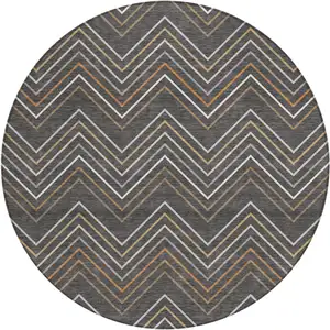 Photo of 8' Charcoal Ivory And Brown Round Striped Washable Indoor Outdoor Area Rug