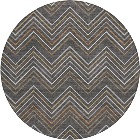 8' Charcoal Ivory And Brown Round Striped Washable Indoor Outdoor Area Rug Photo 1