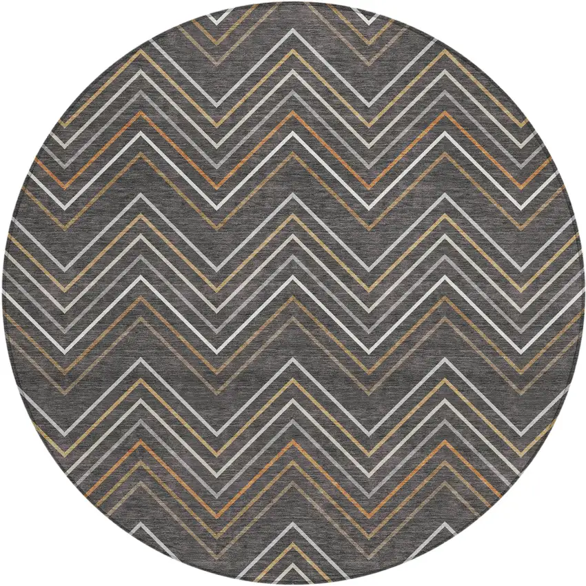 8' Charcoal Ivory And Brown Round Striped Washable Indoor Outdoor Area Rug Photo 1