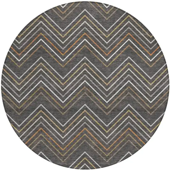 8' Charcoal Ivory And Brown Round Striped Washable Indoor Outdoor Area Rug Photo 3