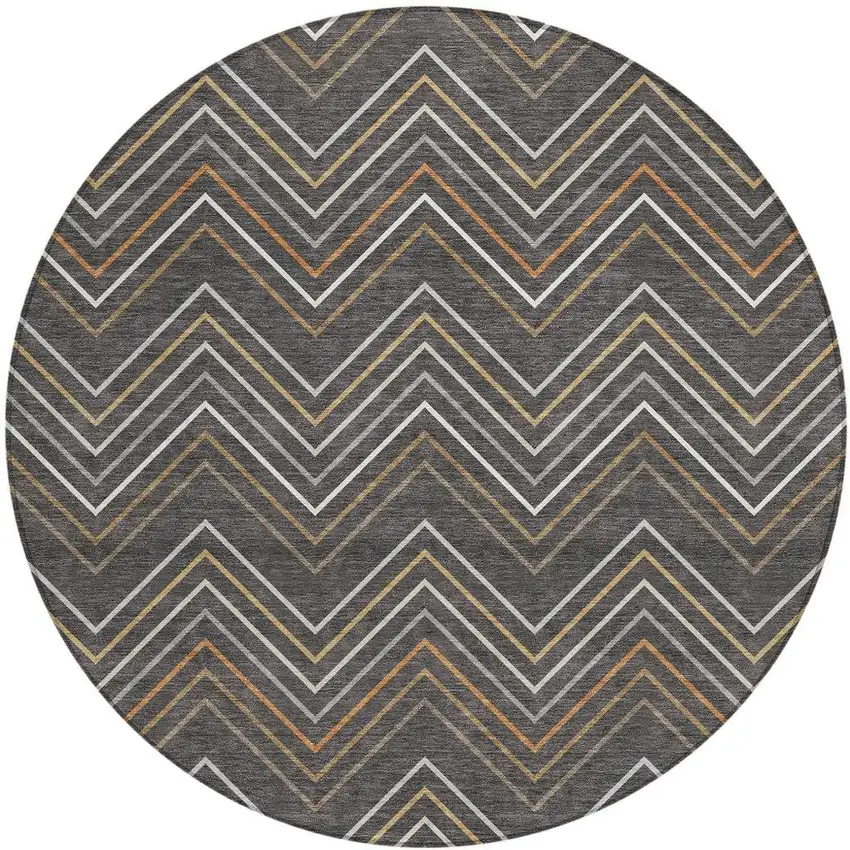 8' Charcoal Ivory And Brown Round Striped Washable Indoor Outdoor Area Rug Photo 3