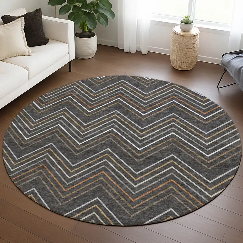 8' Charcoal Ivory And Brown Round Striped Washable Indoor Outdoor Area Rug Photo 5