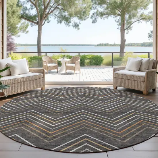 8' Charcoal Ivory And Brown Round Striped Washable Indoor Outdoor Area Rug Photo 4