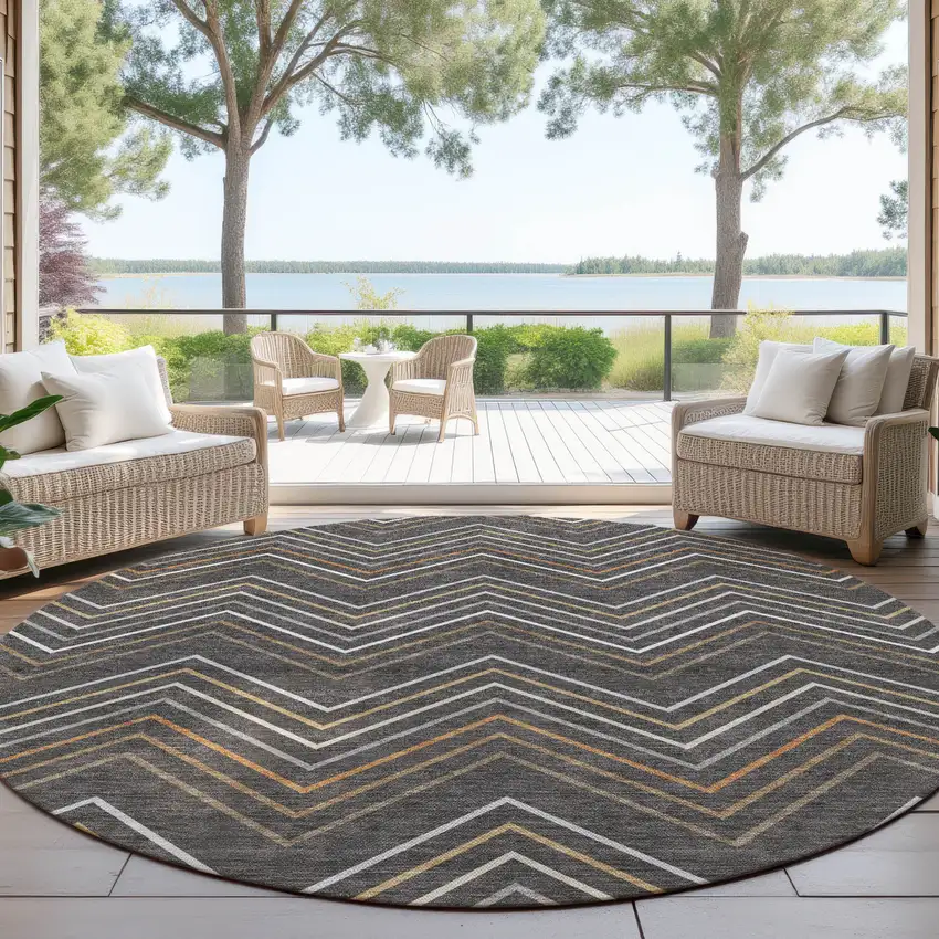 8' Charcoal Ivory And Brown Round Striped Washable Indoor Outdoor Area Rug Photo 4