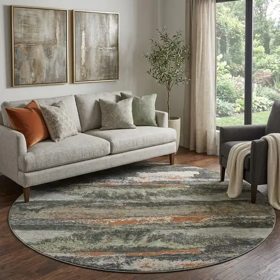 8' Charcoal Ivory And Copper Abstract Washable Round Rug With UV Protection Photo 1
