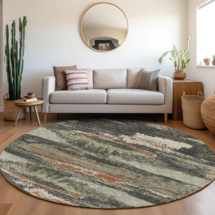 8' Charcoal Ivory And Copper Abstract Washable Round Rug With UV Protection Photo 4