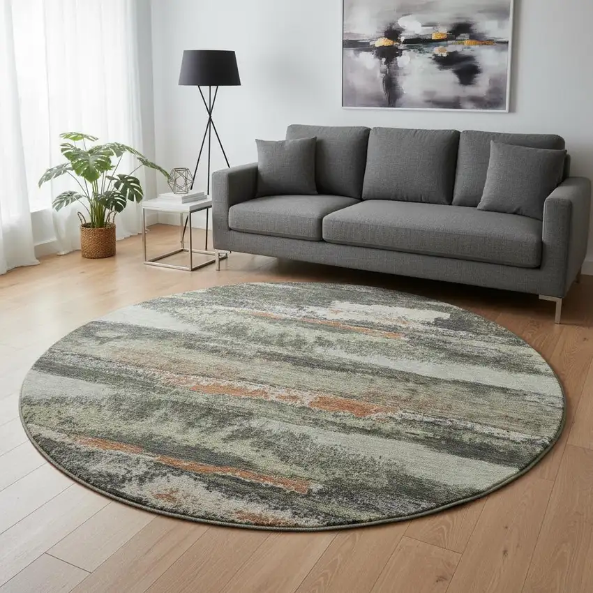 8' Charcoal Ivory And Copper Abstract Washable Round Rug With UV Protection Photo 2