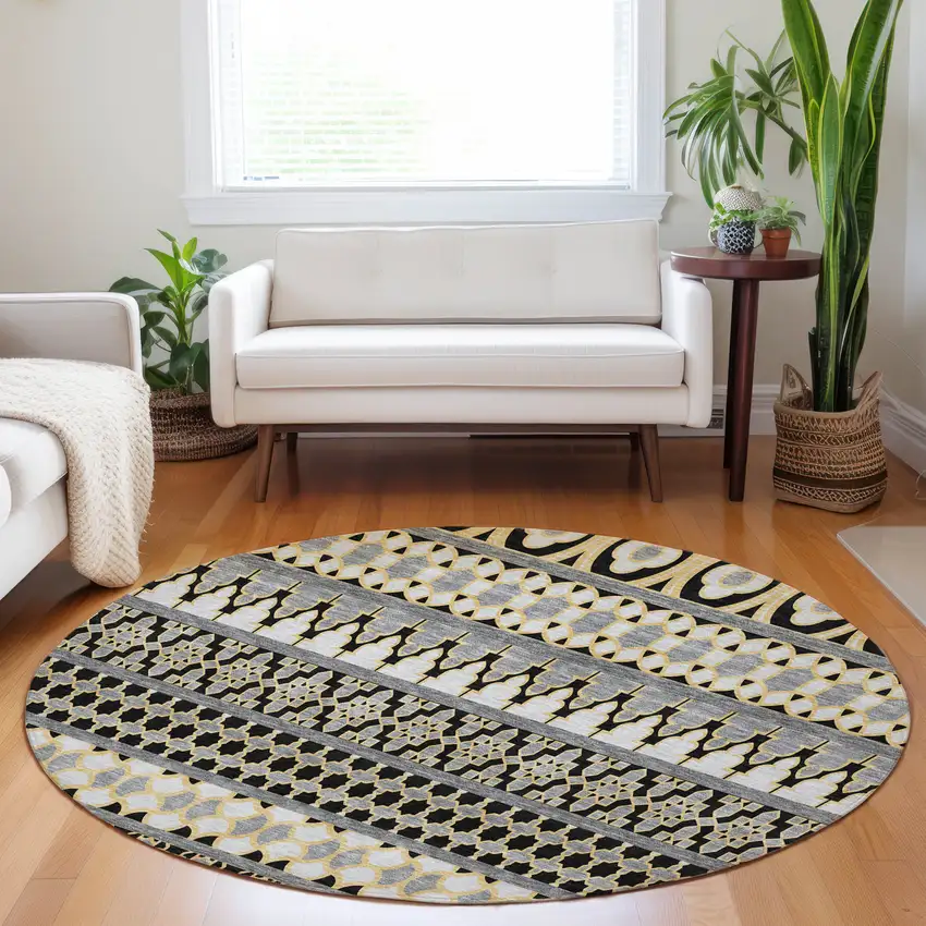8' Charcoal Ivory And Copper Ikat Washable Round Rug With UV Protection Photo 5