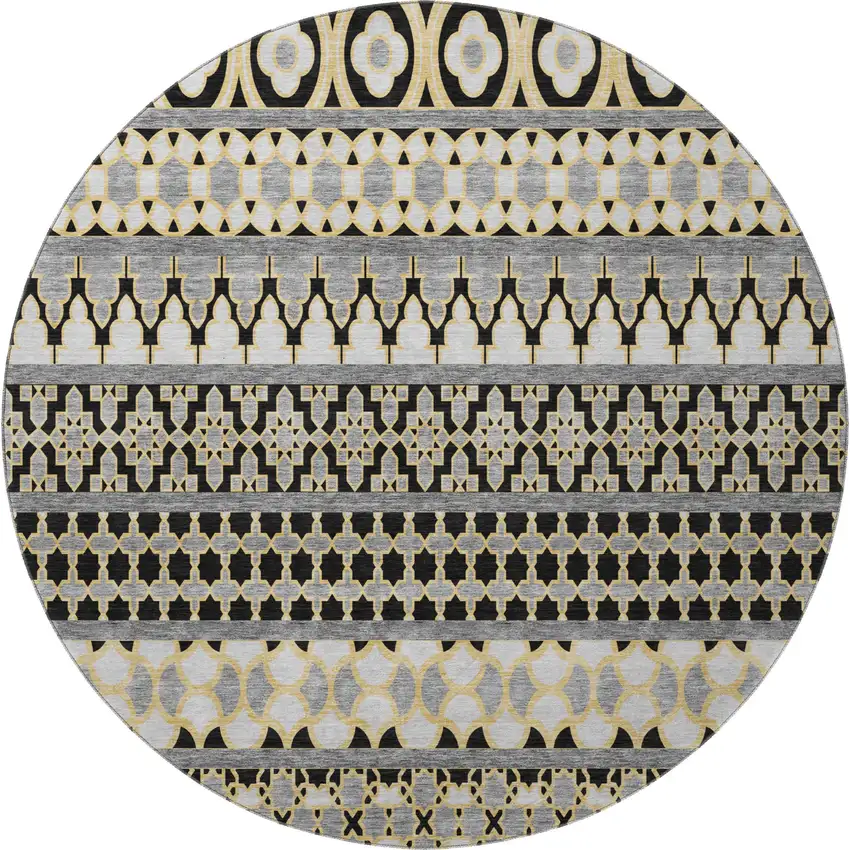8' Charcoal Ivory And Copper Ikat Washable Round Rug With UV Protection Photo 4