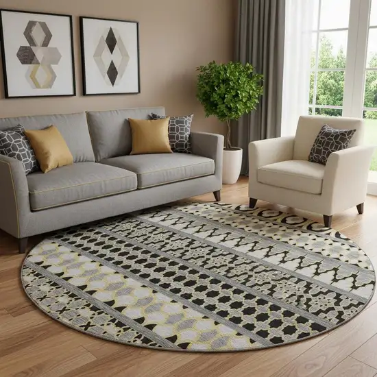 8' Charcoal Ivory And Copper Ikat Washable Round Rug With UV Protection Photo 1