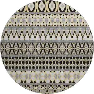 Photo of 8' Charcoal Ivory And Copper Ikat Washable Round Rug With UV Protection