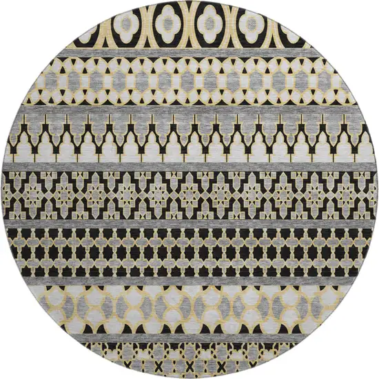 8' Charcoal Ivory And Copper Ikat Washable Round Rug With UV Protection Photo 1