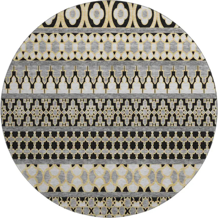 8' Charcoal Ivory And Copper Ikat Washable Round Rug With UV Protection Photo 1