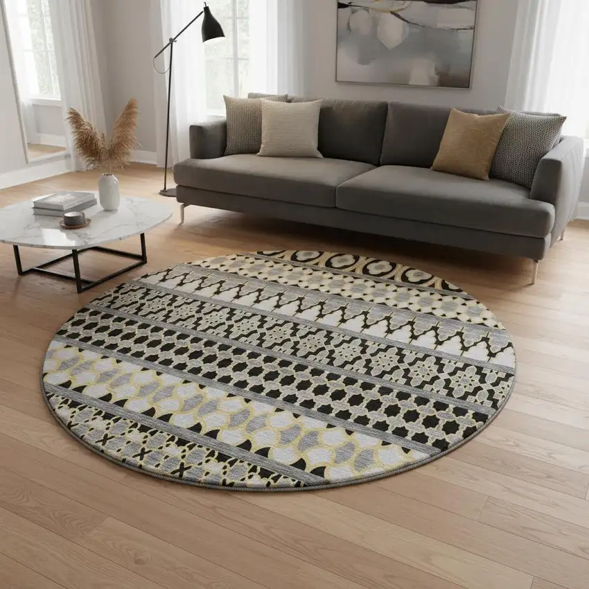 8' Charcoal Ivory And Copper Ikat Washable Round Rug With UV Protection Photo 2