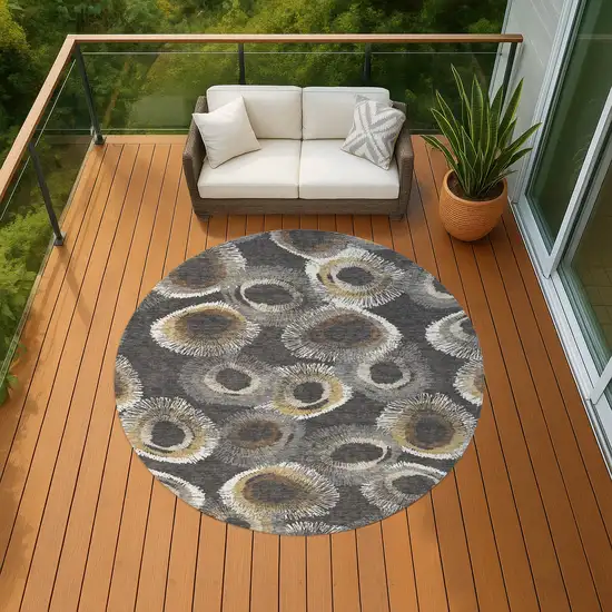 8' Charcoal Ivory And Copper Round Geometric Washable Indoor Outdoor Area Rug Photo 9