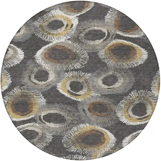 8' Charcoal Ivory And Copper Round Geometric Washable Indoor Outdoor Area Rug Photo 5
